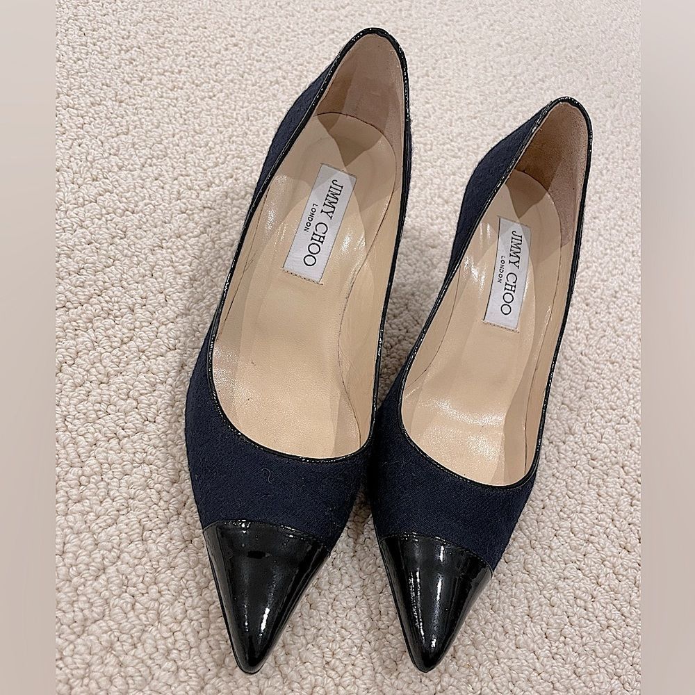 EUC Jimmy Choo Navy Blue/Black Fabric and Patent Leather Romy Pumps Sz. 36.5